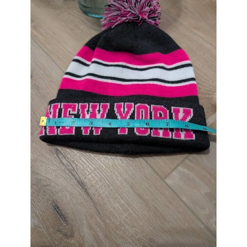 New York Pink Navy Pom Pom Beanie Hat Women’s Winter Knit Cap READ